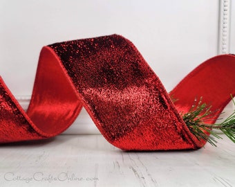 Wired Ribbon, 2.5" Red Metallic Velvet lame - TEN YARD ROLL ~ Farrisilk ~ Christmas Decor, Valentine Craft Wire Edged Ribbon