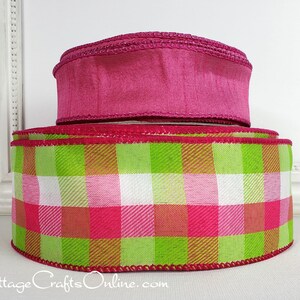 THREE YARDS, Wired Ribbon, 2.5 wide, Pink, Green, White Check Twill Plaid Watermelon Breeze Celine Spring, Summer Wire Edged Ribbon image 4