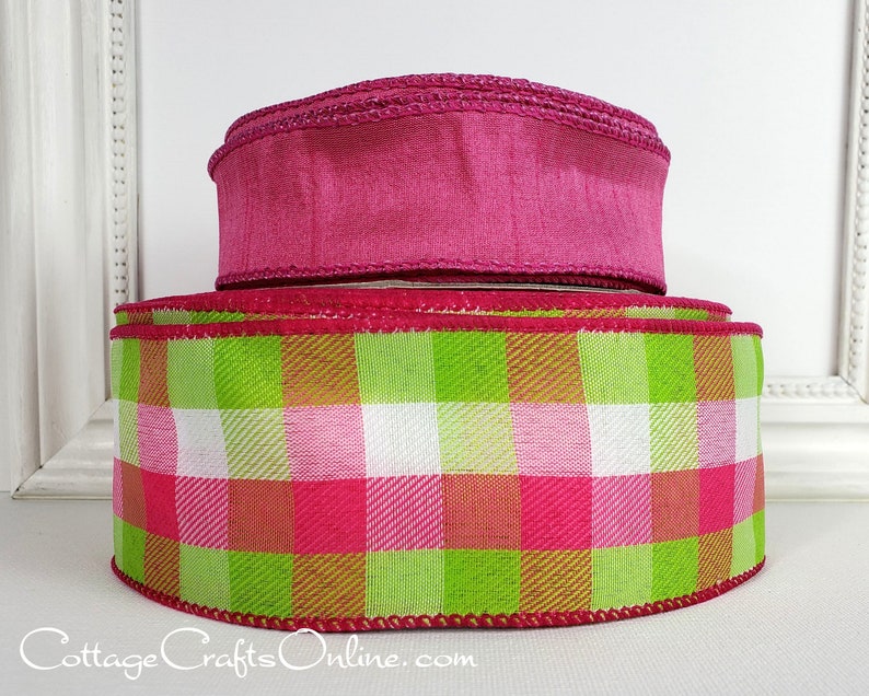 THREE YARDS, Wired Ribbon, 2.5 wide, Pink, Green, White Check Twill Plaid Watermelon Breeze Celine Spring, Summer Wire Edged Ribbon image 4