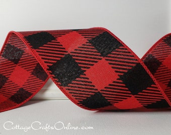 Christmas Wired Buffalo Check Ribbon, 2.5" Red and Black Bold Check - TEN YARD ROLL ~ Stan 40 ~ Diagonal Striped Plaid Twill Wire Edged