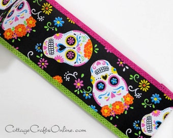 Day of the Dead Wired Ribbon, 2.5", TEN YARD Roll, Patterned Skulls, Multi-color Flowers ~ Halloween, Dia de los Muertos Skull Ribbon