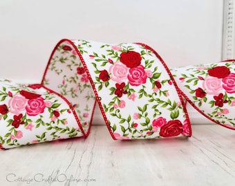 Wired Ribbon, 2.5" Pink, Red Mini Roses, Ten Yard Roll, Floral Print ~ Rose Bouquet Red 40 ~ Spring, Easter Flower Wire Edge Ribbon