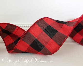 d. Stevens Christmas Wired Ribbon, 2.5", Red, Black Faux Silk Dupioni Check - TEN YARD ROLL ~ Savoy Red 40 ~ Buffalo Plaid Wire Edged