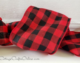 Buffalo Plaid Christmas Wired Ribbon, 4" wide, Red and Black Check - TEN YARDS ~ Buffalo Twill 100 ~ Craft Wire Edged Ribbon