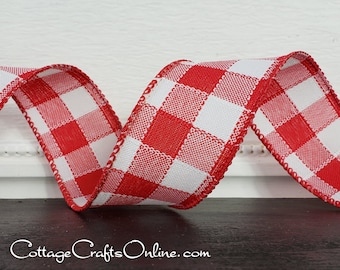 FIVE & 1/2 YARDS, 1.5" wide Red and White Stitched Gingham Check Wired Ribbon, Offray ~ Sinclair  ~ #230817 Plaid Wire Edged Ribbon