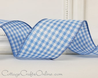 THREE YARDS, 2.5",  Light Blue and White Gingham Check Plaid Wired Ribbon, Offray, Summer, Spring, Wire Edge Ribbon