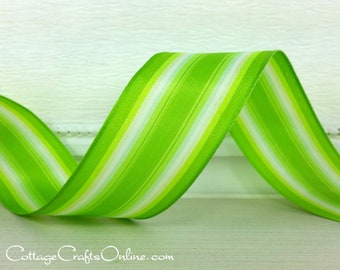 THREE YARDS, Wired Ribbon, 1.5", Green Striped Satin  ~ Spring Grass Stripe ~ St. Patrick's Day, Spring, Summer Craft Wire Edged Ribbon