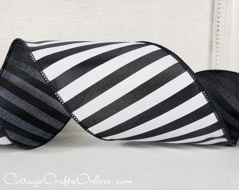 Wired Ribbon, 4" wide, Black and White Stripe - TEN YARD ROLL ~ Awning Stripe 100 ~ Horizontal Stripe Wire Edged Ribbon