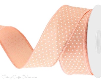 Wired Ribbon, 1.5" Peach with White Mini Dots, TEN YARD Roll ~ Swiss Dots 9 ~ Linen Look, Raised Dots Spring, Summer  Wire Edged Ribbon