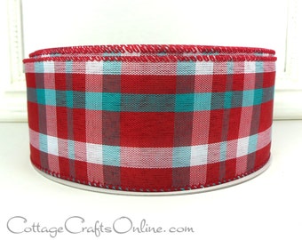 Wired Ribbon, 2.5", Red, White, Aqua Blue Check Plaid - FIFTY YARD ROLL  ~ Aqua Chic ~  Spring, Summer, July 4th Patriotic Wire Edged Ribbon