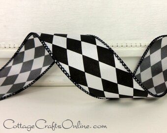 THREE YARDS, 1.5" wide, Black and White Harlequin Diamond Wired Ribbon,  Offray ~ Court Jester ~ Craft Wire Edged Christmas Ribbon