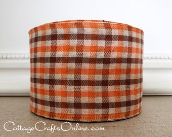 Fall Wired Ribbon, 2.5", Brown, Orange, Cream Check ~ TEN YARD Roll ~ Harvest Gingham 40 ~ Plaid, Thanksgiving Wire Edged Ribbon