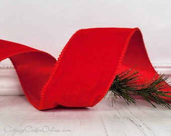 Christmas Wired Ribbon, 2.5" wide, Red Velvet, Satin Back  - TEN YARD ROLL  ~ Lowell 40 ~ Red Craft Wire Edged Ribbon