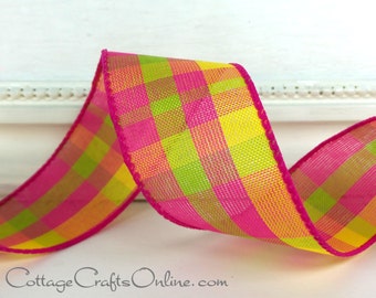 EIGHT YARDS, Wired Ribbon, 1 1/2" wide, Hot Pink, Bright Yellow, Lime Green Plaid ~ Summery Chic 9 ~ Spring, Summer, #804556 Ribbon