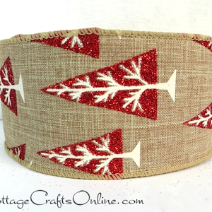 Christmas Wired Ribbon, 2.5&quot;, Glittered Red Christmas Trees on Tan Poly Linen - Ten Yards ~ Linen Trees ~ Wire Edged Ribbon