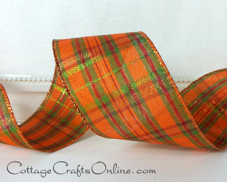 THREE YARDS, Wired Ribbon, 2.5 Orange, Green, Cranberry Red, Green, Copper Metallic Plaid Fran Fall, Thanksgiving Wire Edged Ribbon image 3