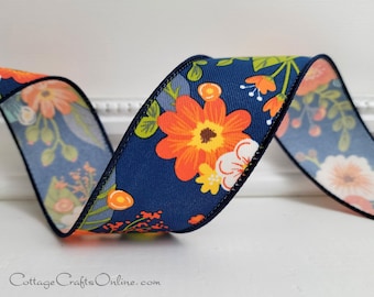 Wired Ribbon,  1.5", Yellow, Orange, White Floral on Navy Blue - TEN YARD ROLL ~ Stratford Navy Flower 9 ~ Fall, Thanksgiving Wire Edge