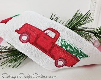 Christmas Wired Ribbon, 2.5", Red Truck,  Tree - TEN YARD Roll ~ Tree Truckin' White ~ Wire Edged Ribbon