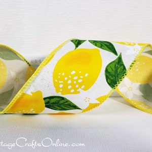 Wired Ribbon, 2.5 wide, Yellow Lemon Print, TEN YARD ROLL Lemons White Spring, Summer, Fruit Print Wire Edged Ribbon image 3