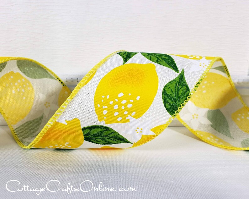 Wired Ribbon, 2.5 wide, Yellow Lemon Print, TEN YARD ROLL Lemons White Spring, Summer, Fruit Print Wire Edged Ribbon image 3