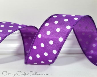 Wired Ribbon 1 1/2", Purple with White Polka Dots - TEN YARD ROLL ~ Lots of Dots ~ Spring, Easter, Halloween, Mardi Gras Wired Edge Ribbon