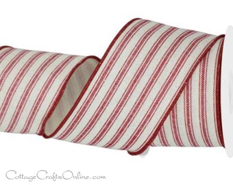 Wired Ribbon, 2.5" wide, Red and Ivory Cotton Ticking Stripe - TEN YARD ROLL - Valentine, Christmas, July 4th Wire Edged Ribbon