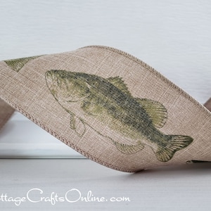 Wired Ribbon, 2.5&quot; wide,  Green Fish Print on Tan Linen Look - TEN YARD ROLL  ~ Fish Natural ~
