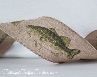 Wired Ribbon, 2.5" wide,  Green Fish Print on Tan Linen Look - TEN YARD ROLL  ~ Fish Natural ~