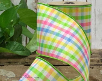 Wired Ribbon, 4" wide, Pink, Yellow, Blue, Green Gingham Check Plaid - TEN YARD ROLL - d. Stevens ~ Sammi ~ Spring Summer Wire Edged Ribbon