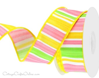 Wired Ribbon, 1.5", Pink, Yellow, Green Stripe - TEN YARD ROLL ~ Bridgewater ~ Spring, Summer, Easter Wire Edged Ribbon