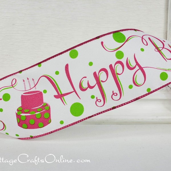 Cinta con alambre, 6,35 cm, estampado "Feliz Cumpleaños" - Rollo de 9,14 m - "Rosa Cumpleaños" Cinta con borde de alambre rosa y verde para manualidades de celebración