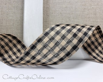 Wired Ribbon, 1.5", Black and Beige Tan Gingham Check - TEN YARD ROLL ~ Black Country Gingham 9 ~ Tea Dye Wire Edged Ribbon