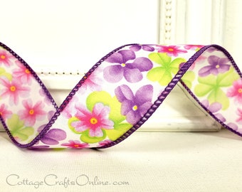 THREE YARDS, Wired Ribbon, 1.5",  Purple, Pink, Green Flower Print  -  Offray ~ Zina Lavender ~ Easter, Spring, Floral Wire Edged Ribbon