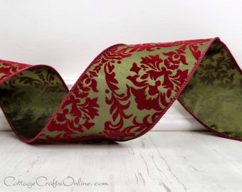 Burgundy Red Flocked Damask on Moss Green Wired Ribbon, 2.5" wide, TEN YARD ROLL ~ Dana ~ Christmas, Fall Wire Edged