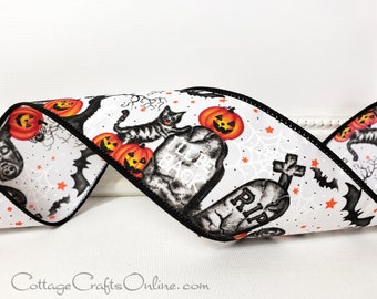 Halloween Wired Ribbon, 2.5"  Graveyard, Black Cat, Tombstones - TEN YARD ROLL  ~ Graveyard Cat ~  Jack O'Lantern Wire Edged Ribbon