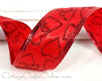 Valentine Wired Ribbon, 1.5" wide, Red Glitter Hearts on Satin, TEN YARDS  - Offray  ~ Myrna ~ #211208 Valentine's Day Wire Edged Ribbon