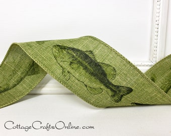 Wired Ribbon, 2 1/2",  Fish Print on Moss Green Linen Look ~ TEN YARD ROLL ~ Mossy Fish ~ Canvas Style Wire Edged Ribbon