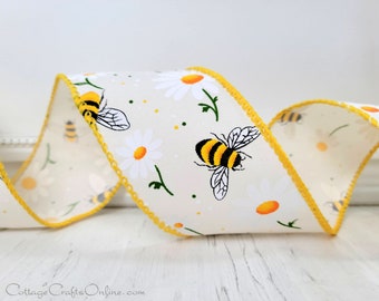 Wired Ribbon 2.5"  Bumble Bees and White Daisies on White Twill - TEN YARD Roll ~ Bee Daisy ~ Spring, Summer