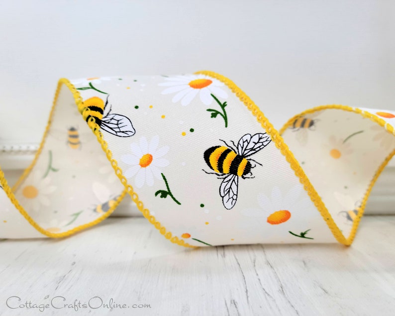 Wired Ribbon 2.5 Bumble Bees and White Daisies on White Twill TEN YARD Roll Bee Daisy Spring, Summer image 1