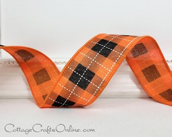 Wired Ribbon, 1.5 wide"  Orange and Black Plaid Check, White Stitch  - TEN YARD ROLL ~ Halloween Stitch 9 ~ Plaid Wire Edged Ribbon