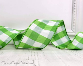 Wired Ribbon, 2.5" wide, Green, White Faux Silk Dupioni Plaid - TEN YARD ROLL - Offray ~ Bono  ~ St. Patrick, Easter Check Wire Edged Ribbon