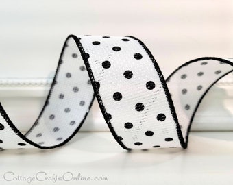 Wired Ribbon, 1.5", White with Black Mini Polka Dots and Black Edge - TEN YARD ROLL ~ Cross Royal Linen Dot 9 ~ Spring, Summer Craft Ribbon