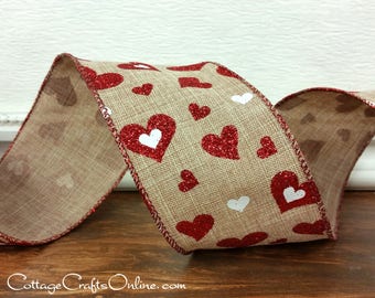 FOUR YARDS Valentine Wired Ribbon, 2 1/2", Red, White Glittered Hearts -   "Heartfelt"  Faux Linen Valentine #210304 Craft Ribbon