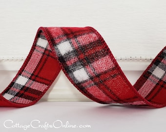 Christmas Wired Ribbon, 1 1/2" Red, Black, White Tartan Plaid Flannel - TEN YARD ROLL  ~ MacLeish 9 ~ Lumberjack, Buffalo Plaid Check Ribbon