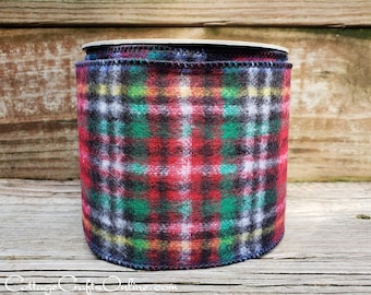 d. Stevens Christmas Wired Ribbon, 4" Red, Black, Green Tartan Plaid Flannel - TEN YARD Roll ~ McCall ~  Check Wire Edged Ribbon