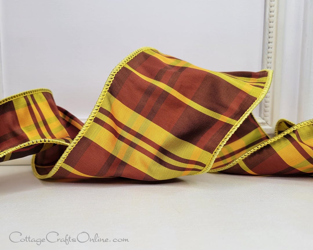 Wired Ribbon, 4 Inches Wide, Yellow, Brown Silk Look Fall Plaid - Ten ...