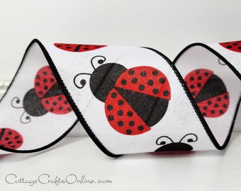 Wired Ribbon, 2.5" Large Red Lady Bugs on White - TEN YARD ROLL ~ Ladybug Queen 2 ~ Spring, Summer Craft Decor Wire Edged Ribbon