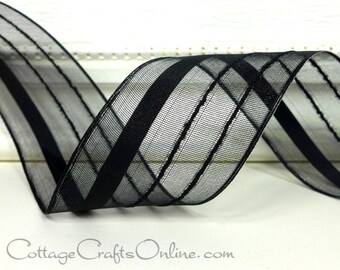 SEVEN YARDS, Wired Ribbon,  1.5",  Black Striped Semi-Sheer - Offray "Kempton Black", Halloween, Wedding Black Wire Edged Ribbon #240105