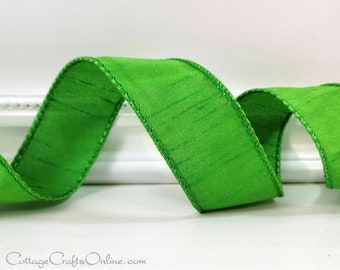 Green Faux Silk Wired Ribbon, 1.5" x Twenty Five Yard Roll, Offray  ~ Anisha ~ Parrot Green, Spring, Summer, Wire Edge Ribbon
