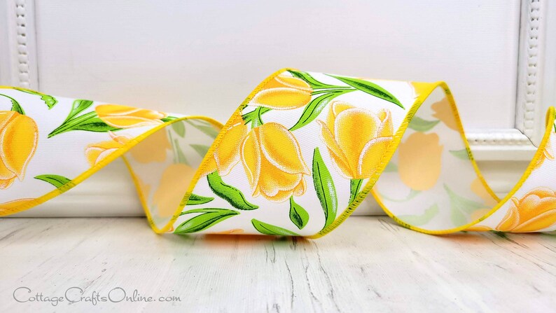Yellow Tulips Wired Ribbon, 2.5 wide, TEN YARD ROLL Charlene 40 Floral Spring, Summer Flower Wire Edged Ribbon image 3